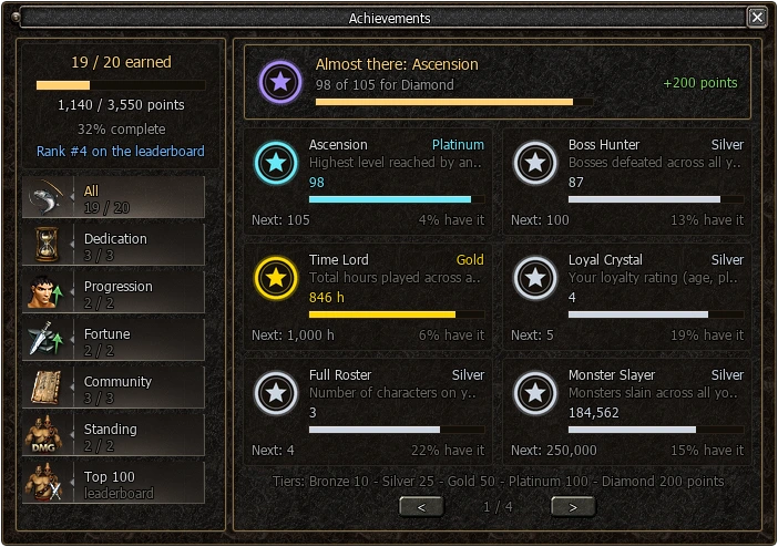 Achievements window in the game