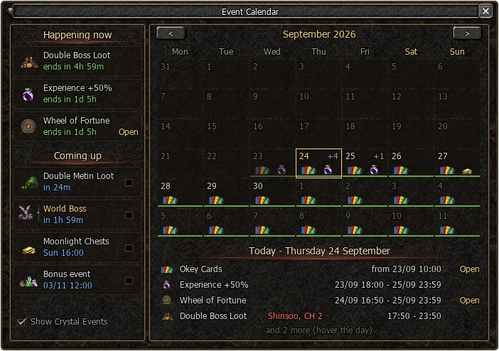Event Calendar window in the game