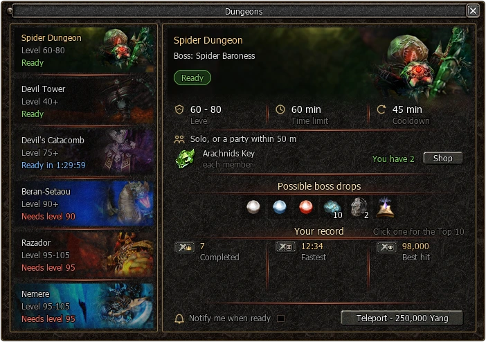 Dungeons window in the game