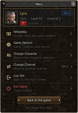 The menu window in the game