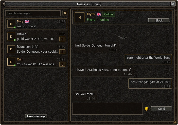 Messages window in the game