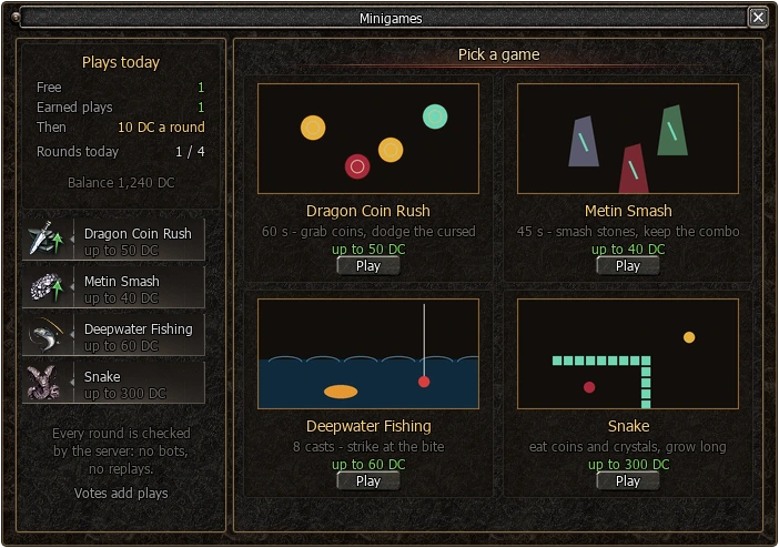 Minigames window in the game