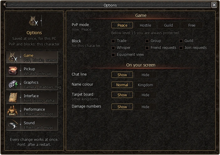 Game Options window in the game