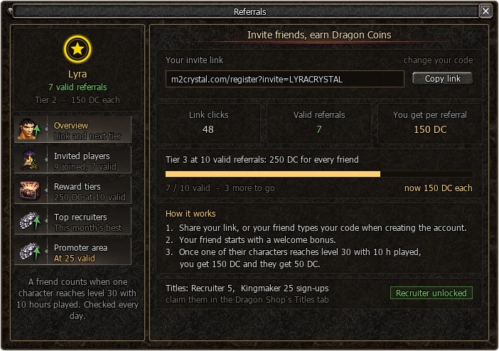 Referrals window in the game