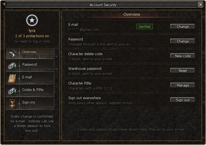 Account Security window in the game