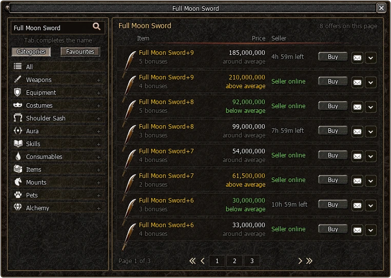 Shop Search window in the game