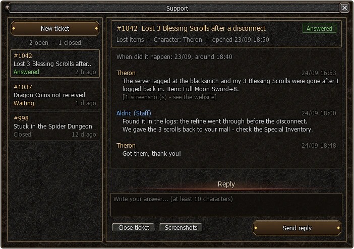 Support window in the game