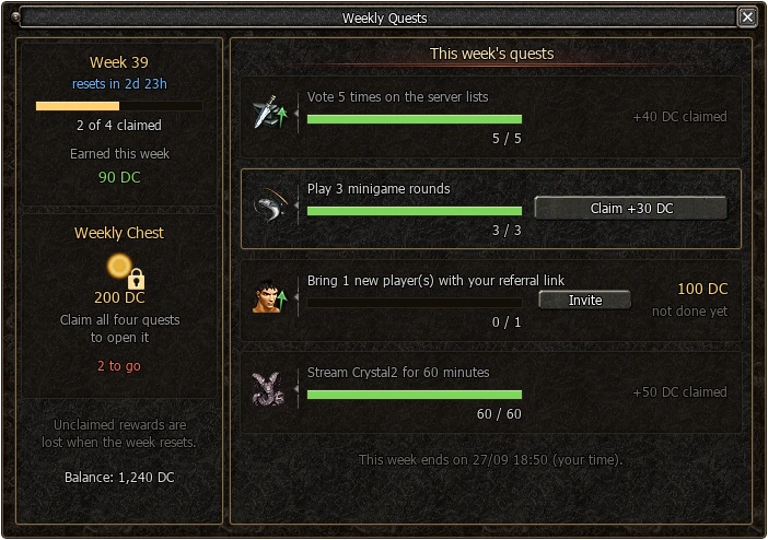 Weekly Quests window in the game