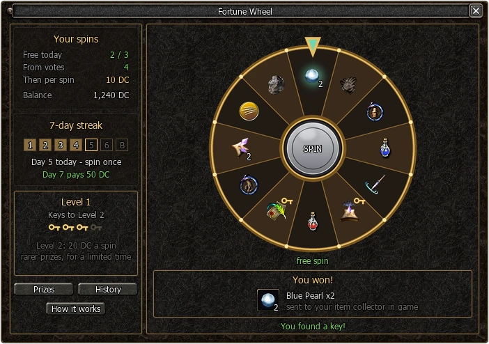 Fortune Wheel window in the game